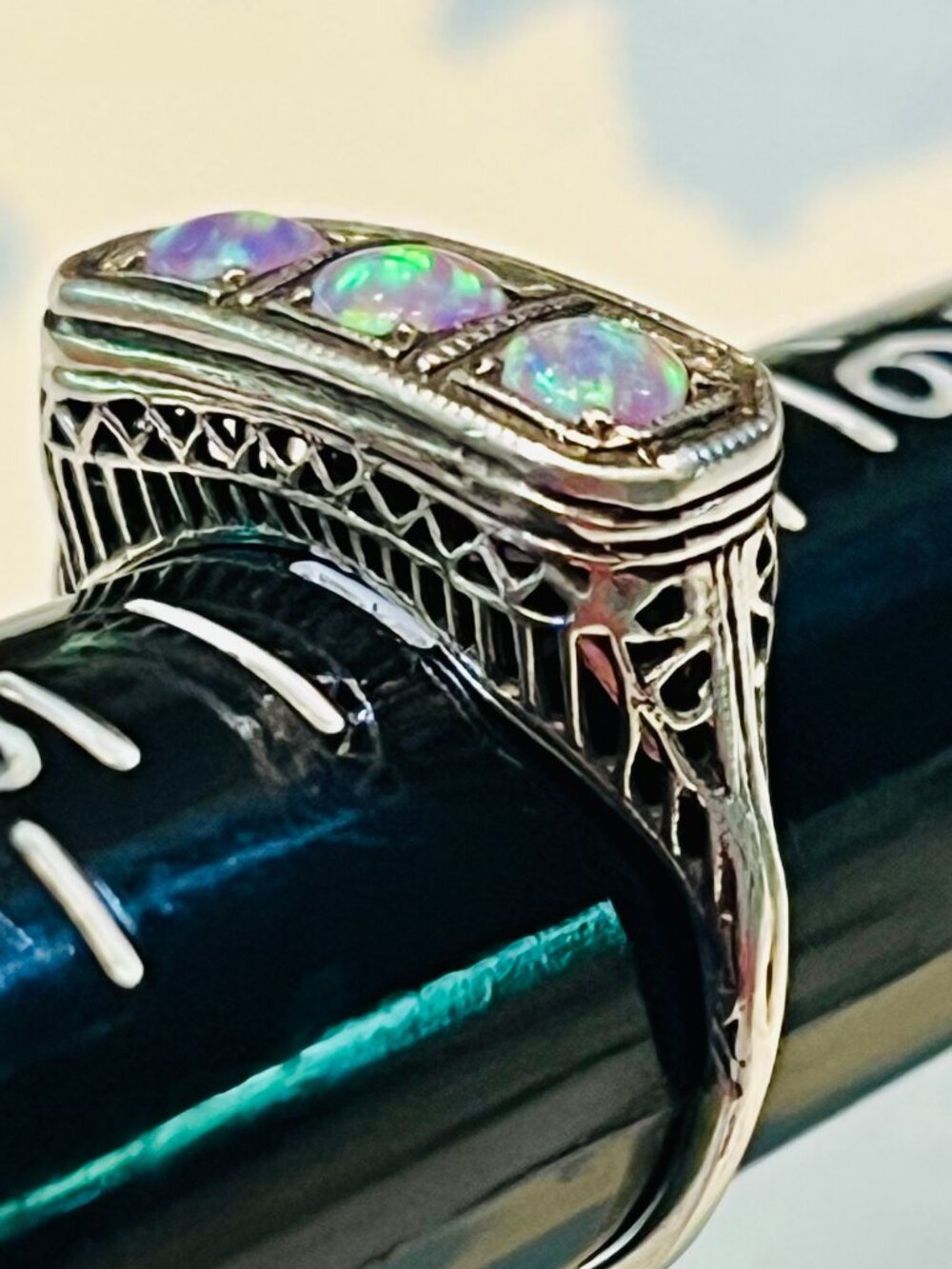 Opal Ring Antique Filigree Style Setting. Sterling Silver - Picture 2 of 5